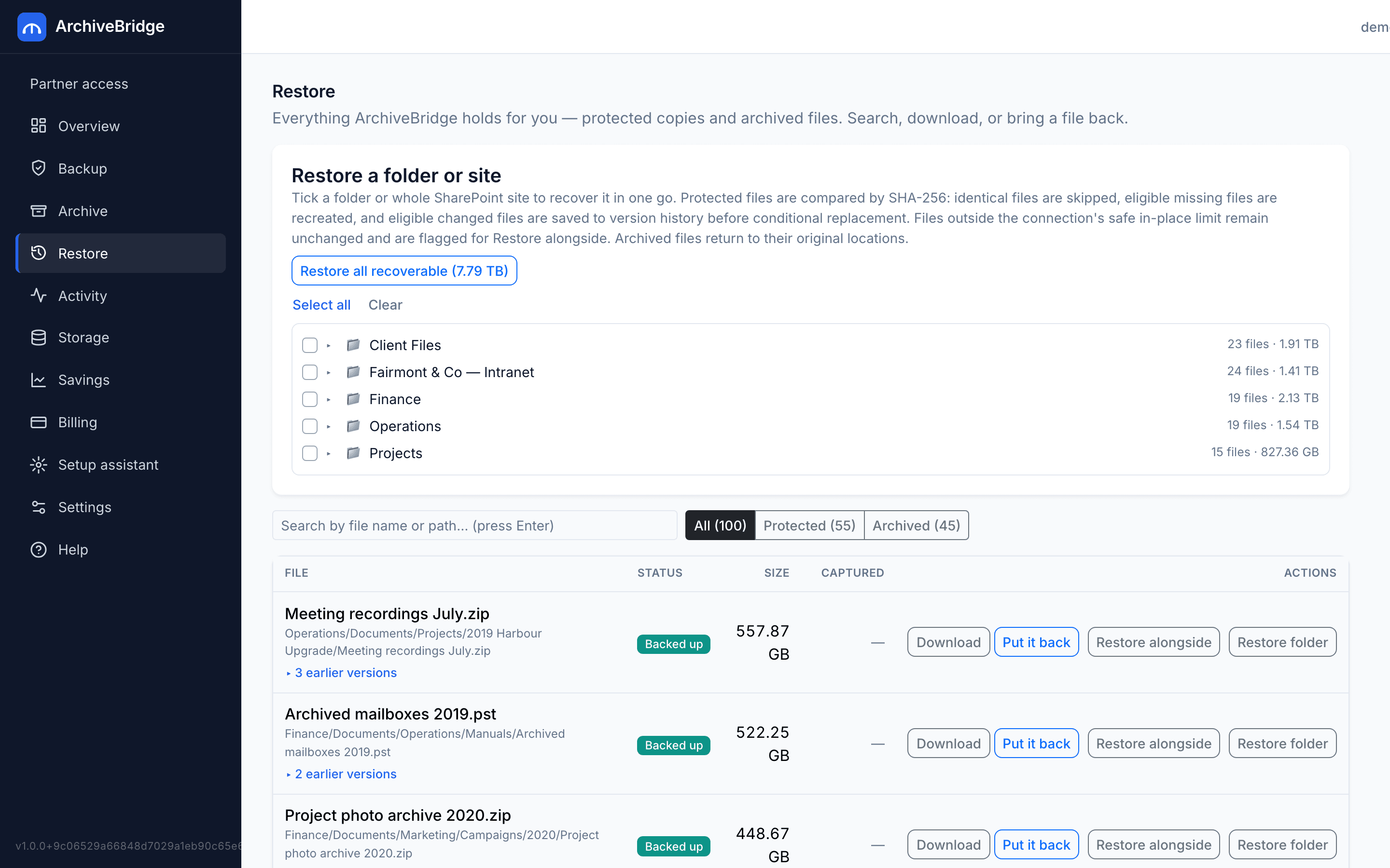 Restore — every protected and archived file, with version history and one-click recovery
